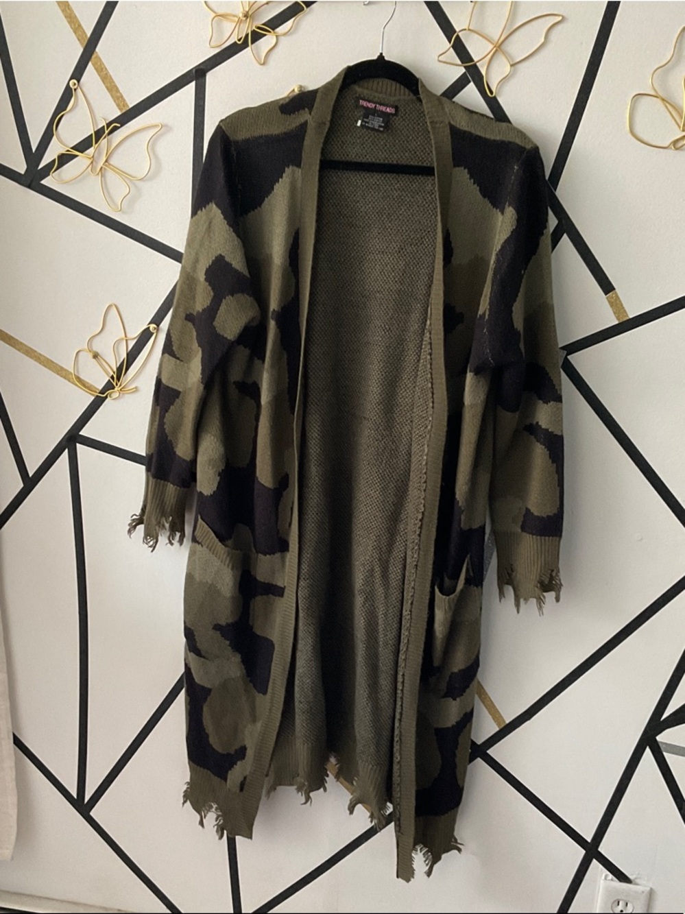 Distressed Olive Camo Open Knit Cardigan